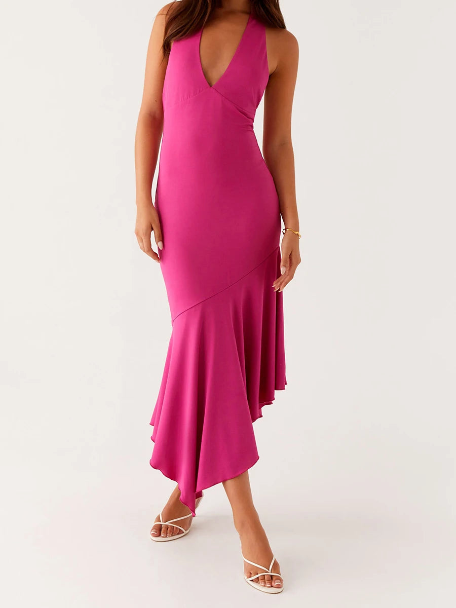 Elegant Halter Pleated Midi Dress