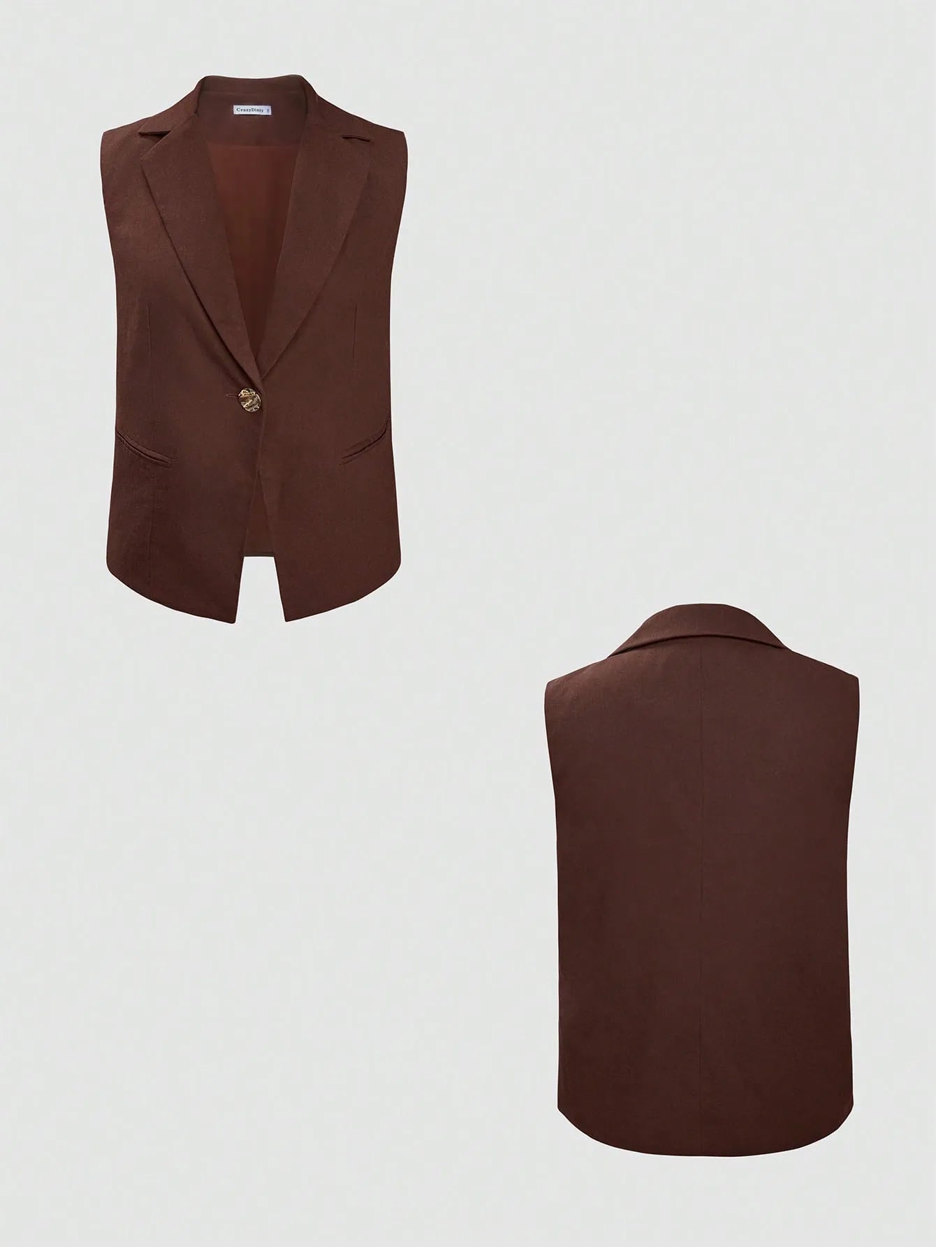 Brown sleeveless vest shown front and back on a light gray background