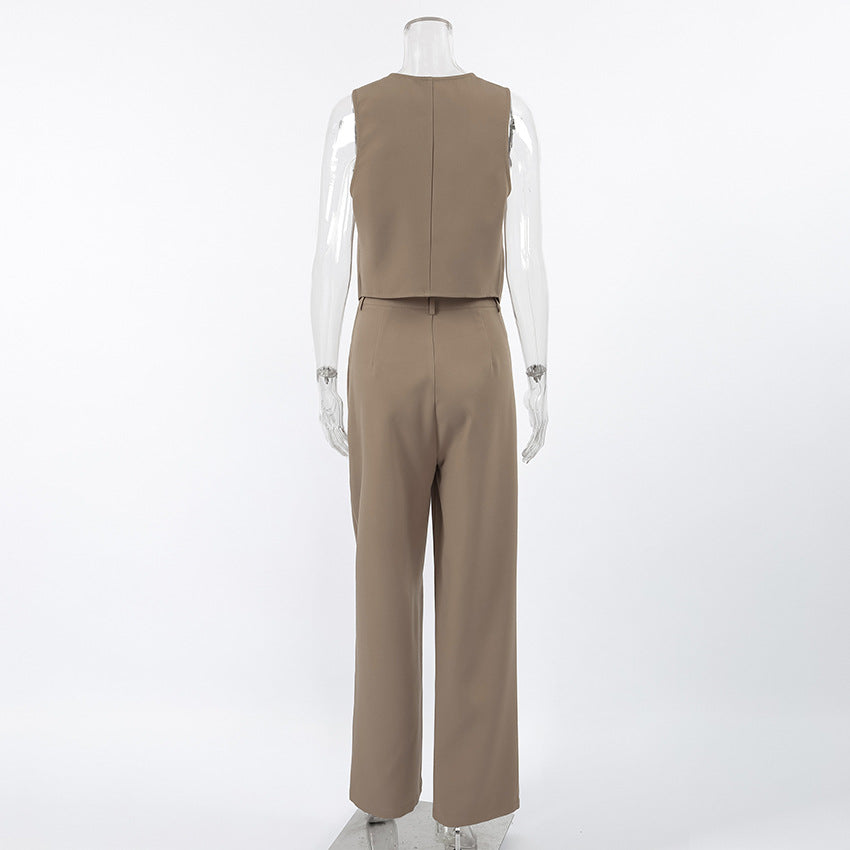 brown Tailored Sleeveless Vest & High-Waisted Wide-Leg Pants Suit two piece set back view on a mannequin against a white background