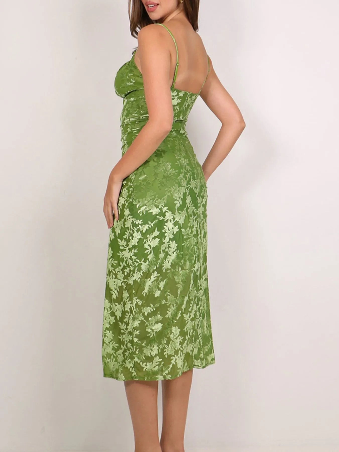 Green Textured Tie-Front Bodycon Cami Dress side view worn by a woman on a white background
