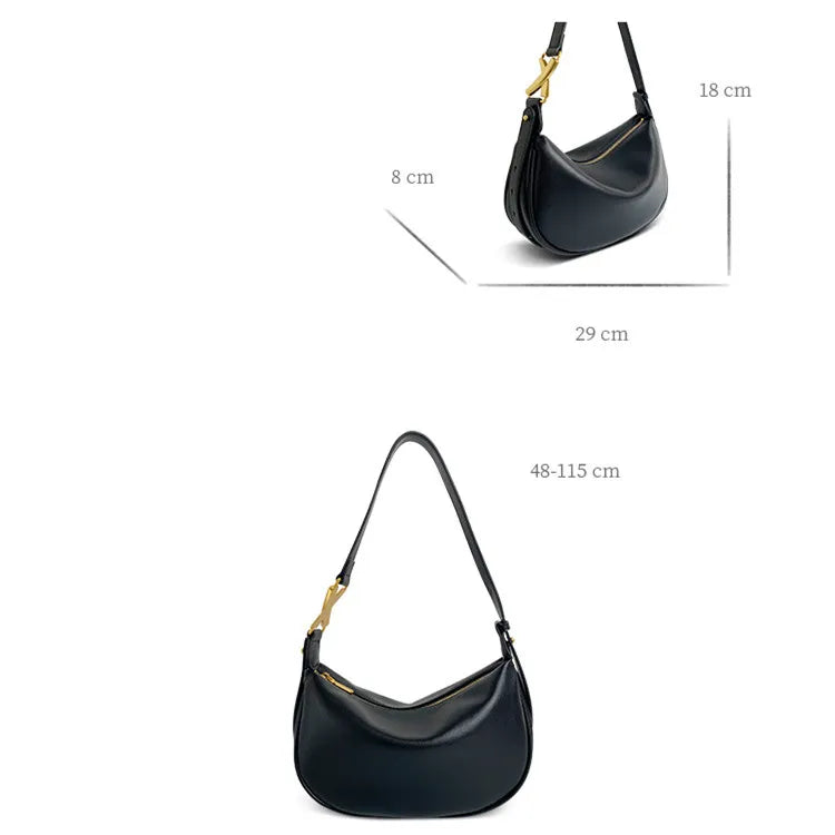 Black genuine leather handbag with measurements on a white background