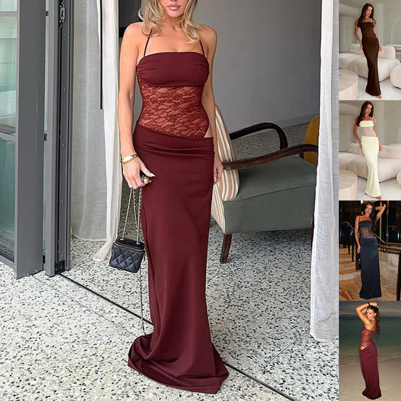Lace Bodice Tie Long Dress