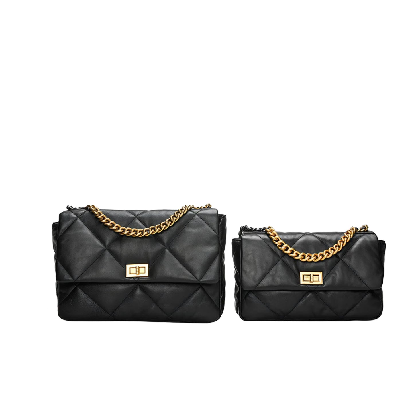 black quilted diamond pattern leather handbags one large one small on a white background