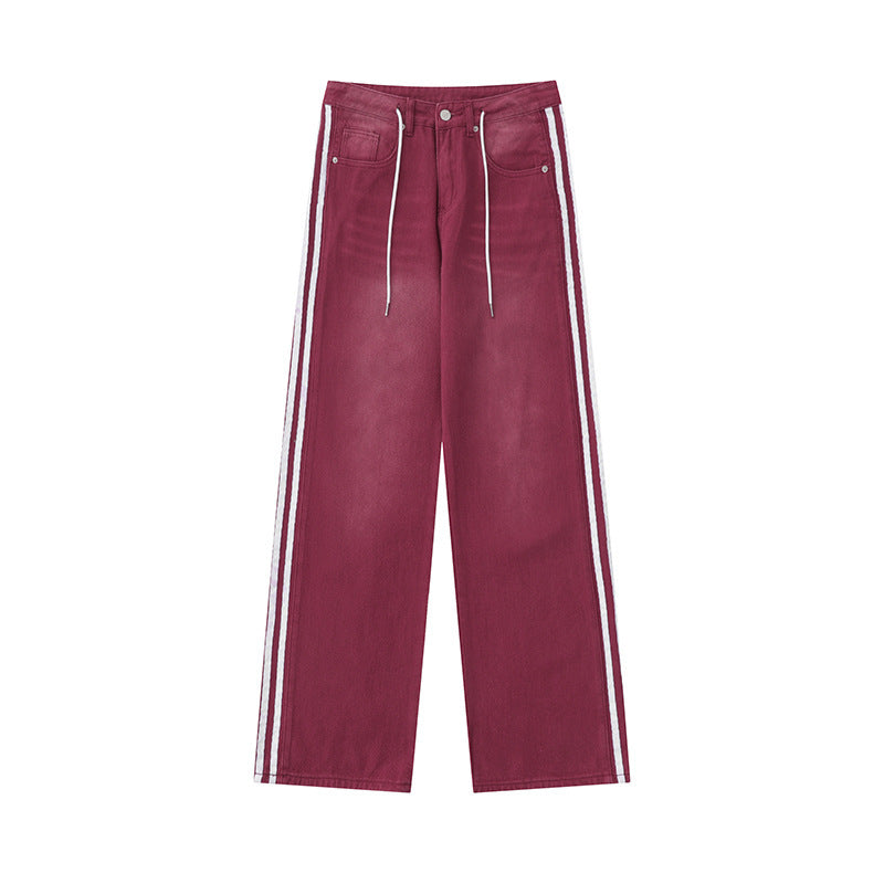 Red Slimming Edge Strip Lace Up Jeans