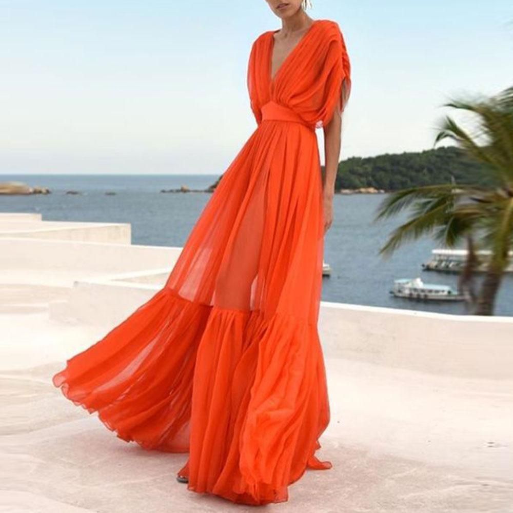 Chiffon V-neck Drawstring Swing Dress