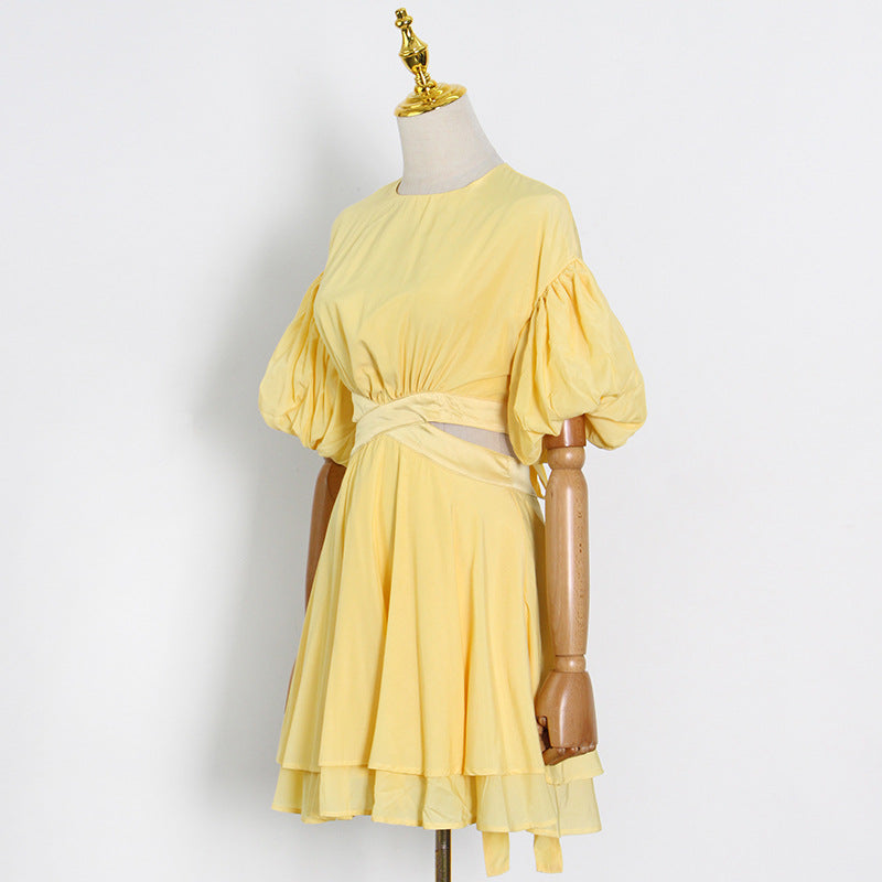 Puff Sleeves Waist Tie Solid Dress