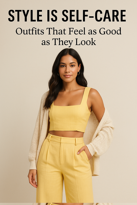 ANA- All N All Blog: Style is self care: outfits that feel as good as they look banner with model wearing a yellow co-ord in a neutral background