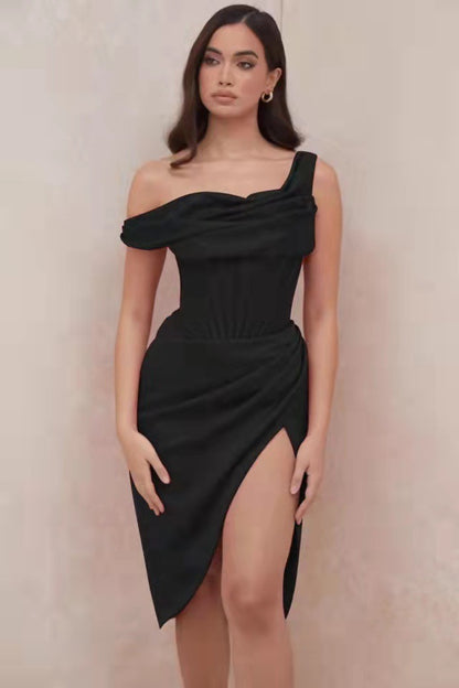 Corset-Style One‑Shoulder Irregular Slit Dress