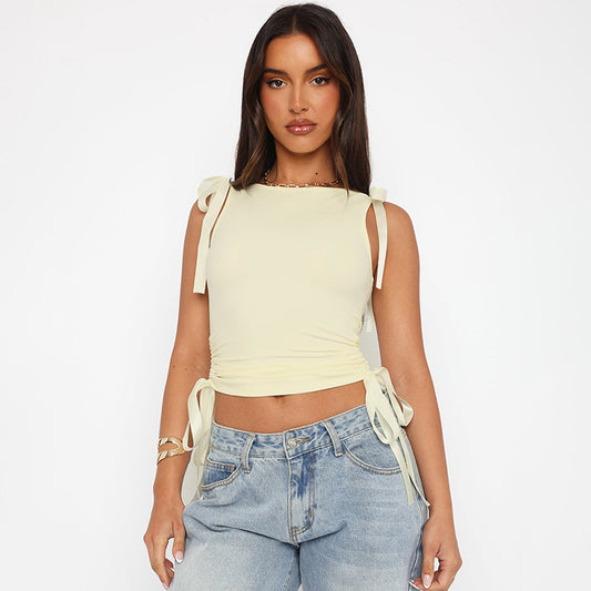 Navel Solid Ribbon Drawstring Top