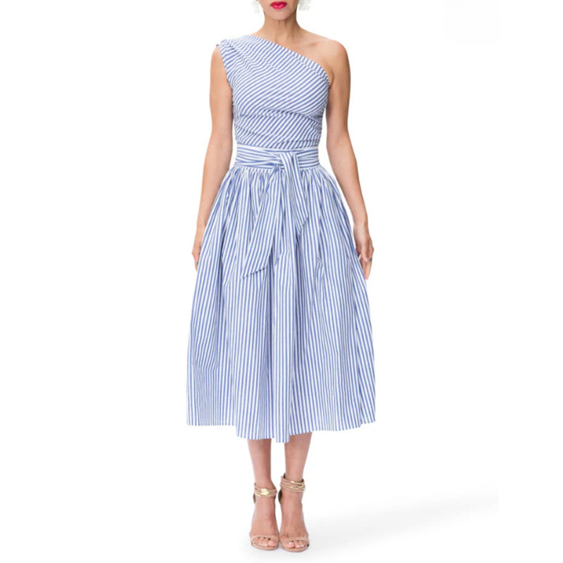 One Shoulder Striped Midi Dress
