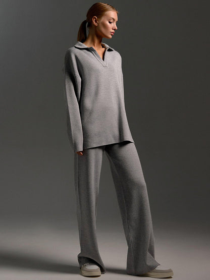 Simple Loose Solid Collar Sweater Set