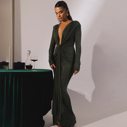 Deep V-neck Ribbon Fitting Dress