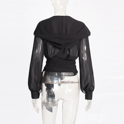 Mesh See-through Hooded Top