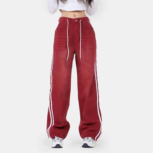 Red Slimming Edge Strip Lace Up Jeans