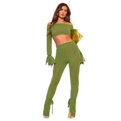 Off-the-shoulder Crop Lace Up Pant Set