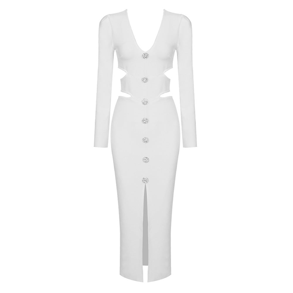 V-neck Long-sleeved Slit Dress