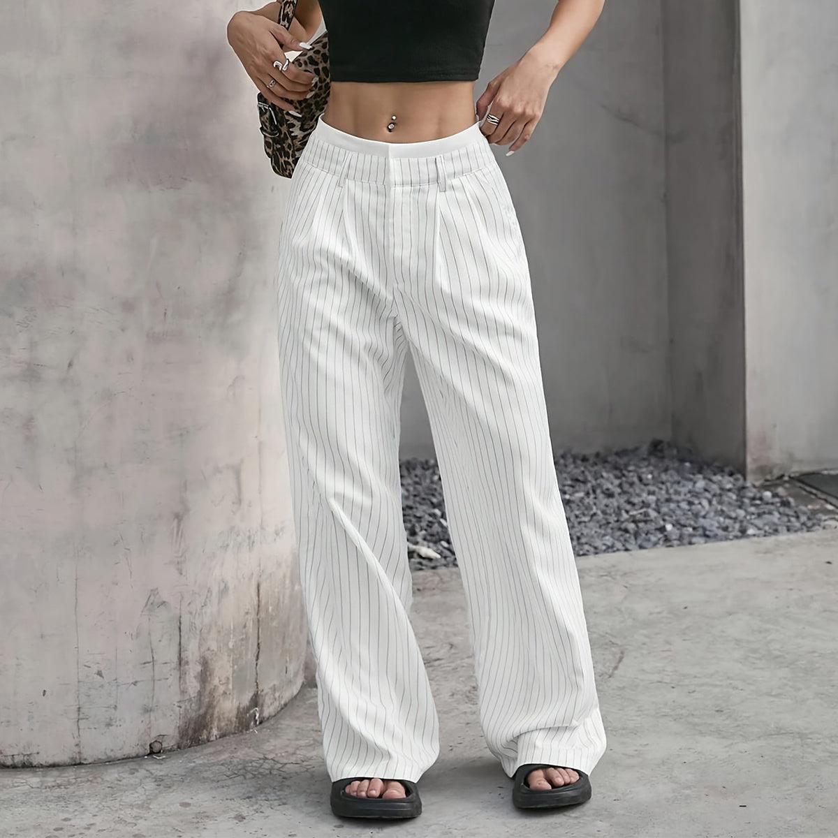 Stripe High Waist Straight Leg Trousers