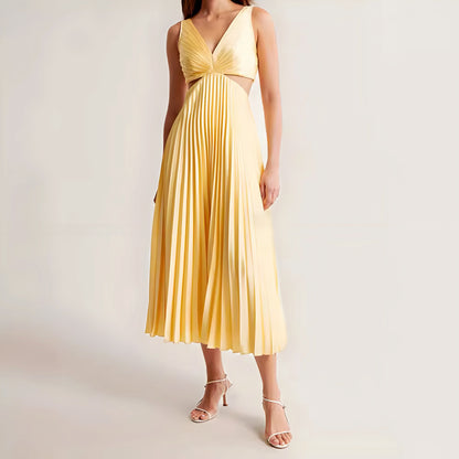 V-neck Hollow Pleated Dress