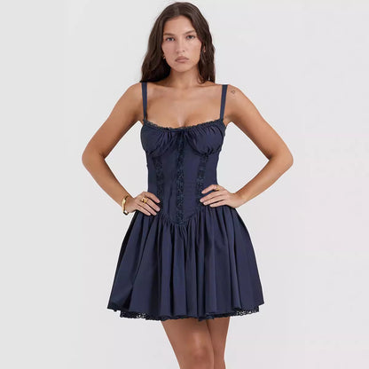 Lace-up Slim Waist Pleated Short Dress
