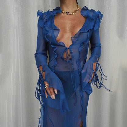 Ruffle Edge Drawstring V-neck Slit Dress