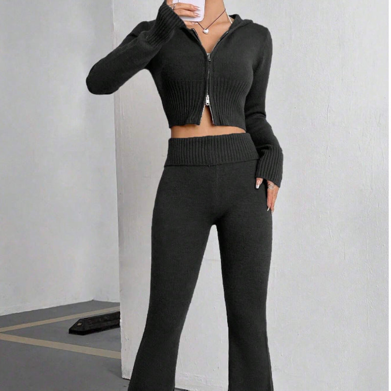 Zipper Hooded Low Waist Set