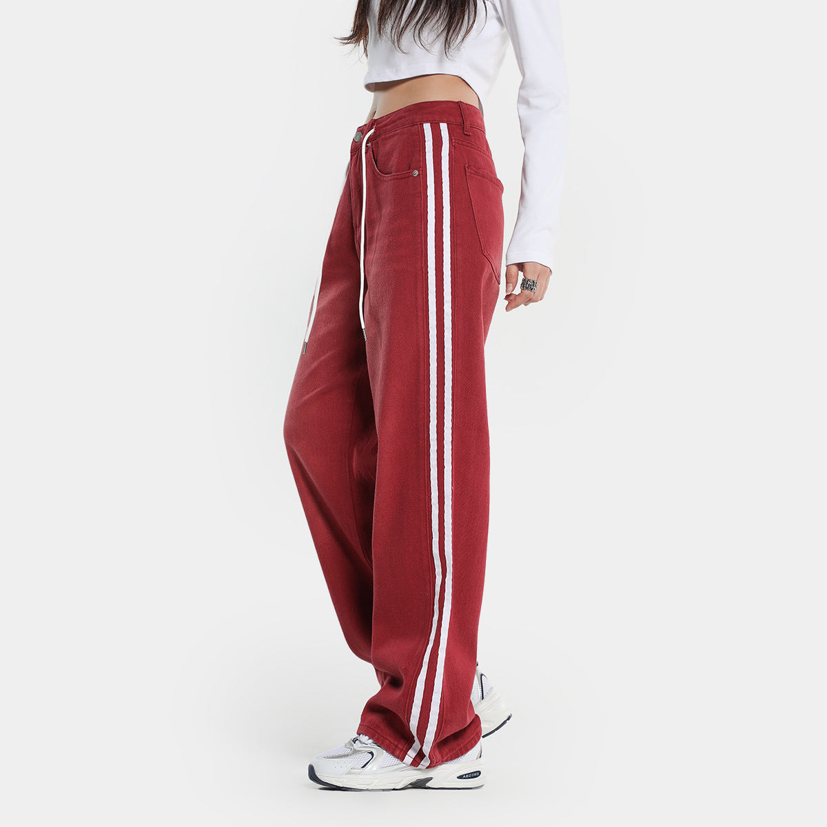 Red Slimming Edge Strip Lace Up Jeans