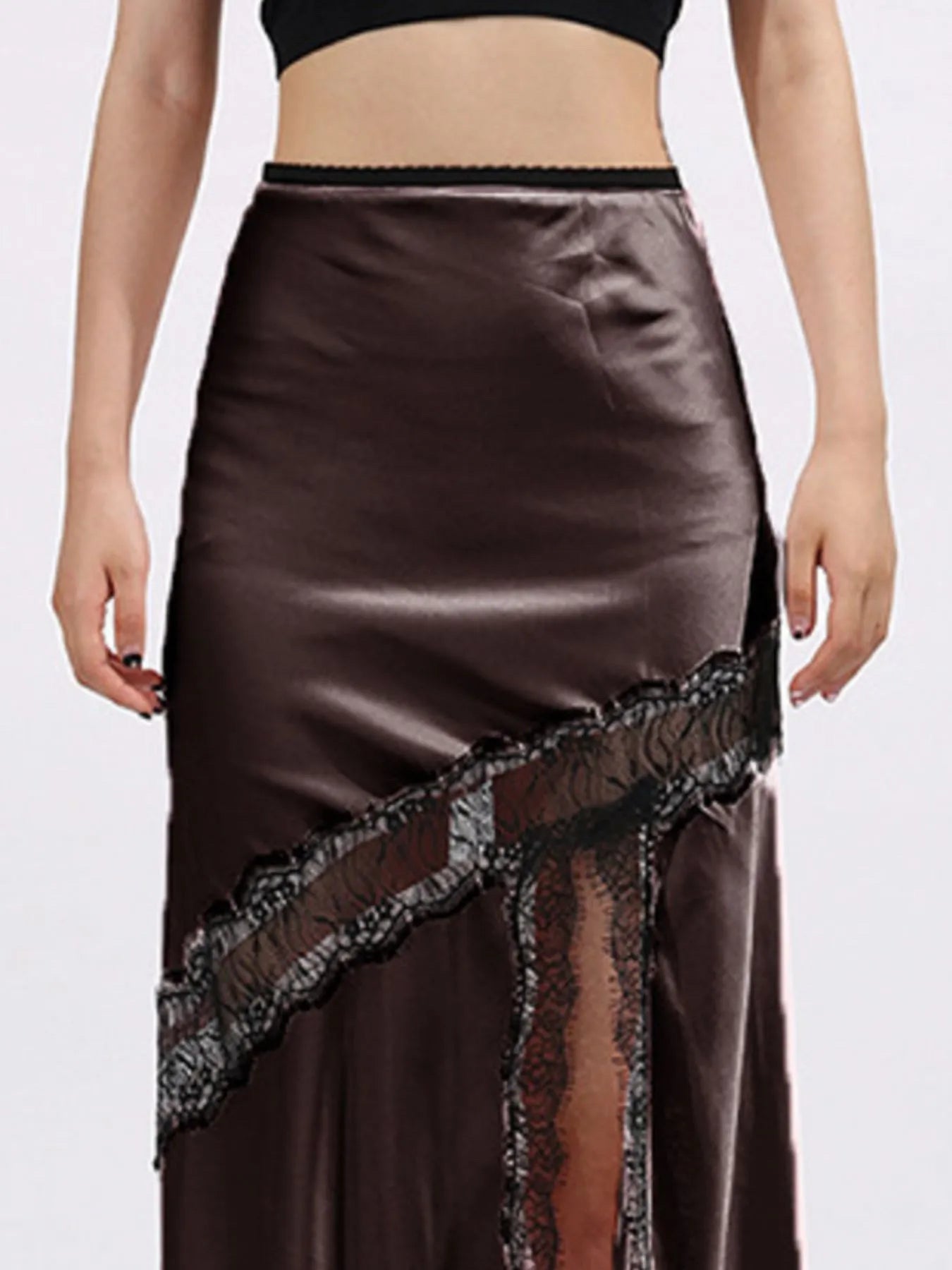 Brown satin midi skirt with lace trim contrast and high front slit on a white background