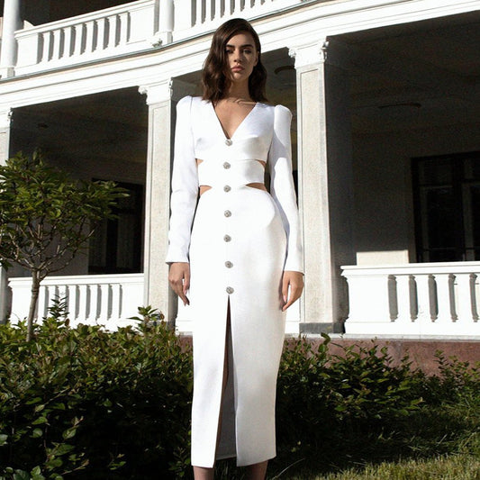V-neck Long-sleeved Slit Dress
