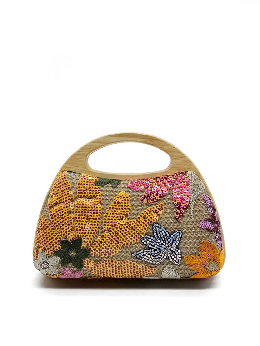 Wooden Handle Straw Sequins Handbag