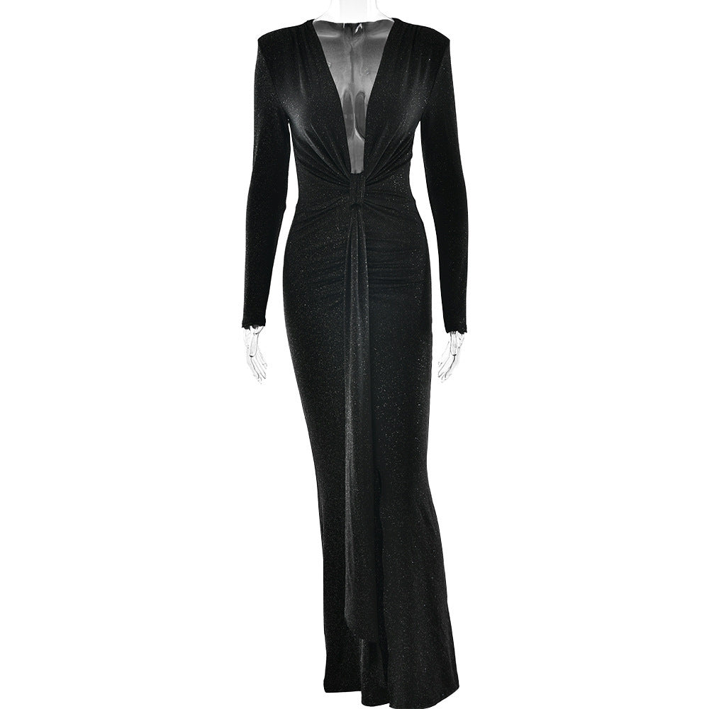 Deep V-neck Ribbon Fitting Dress