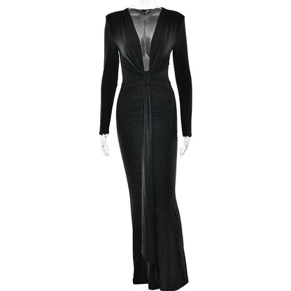 Deep V-neck Ribbon Fitting Dress