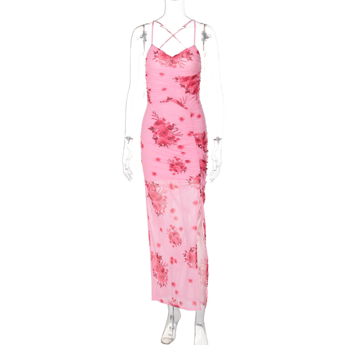Mesh Side Slit Flower Dress
