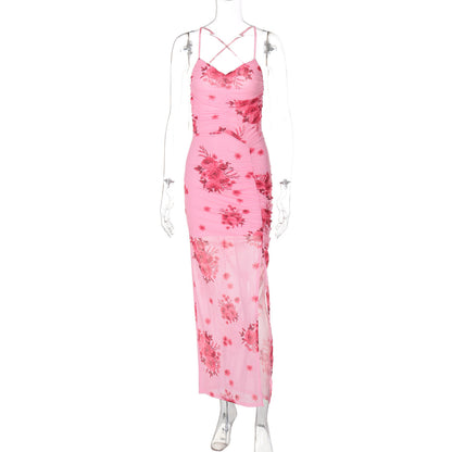 Mesh Side Slit Flower Dress