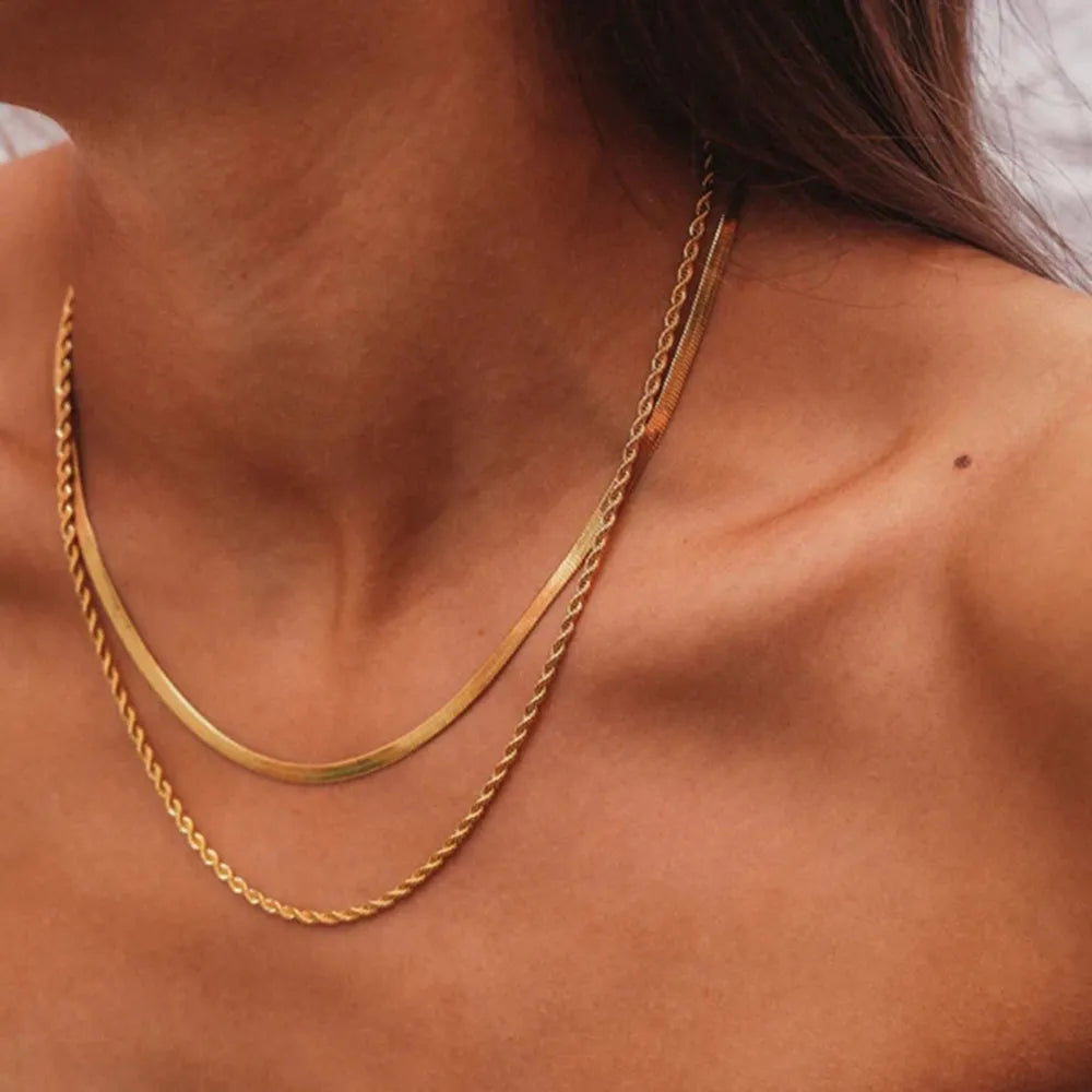 Minimalist gold chain necklace with two delicate layers on model