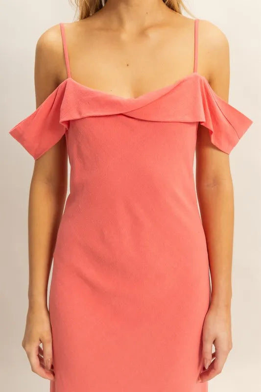 Close-up of cami straps and scoop neckline of flattering maxi dress