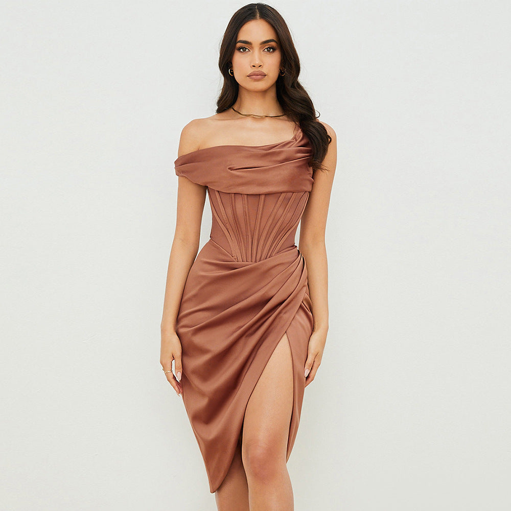 Corset-Style One‑Shoulder Irregular Slit Dress