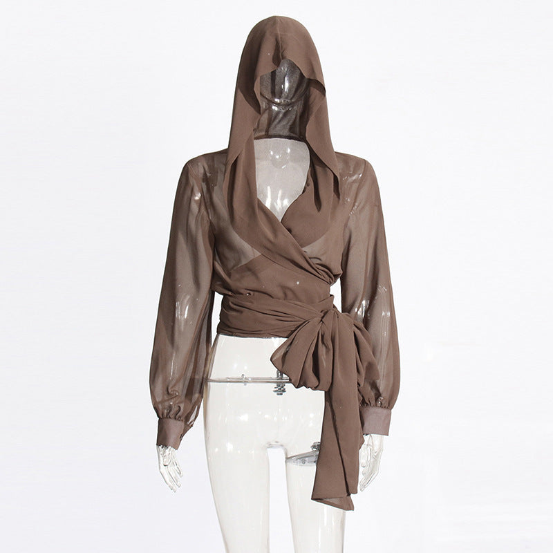 Mesh See-through Hooded Top