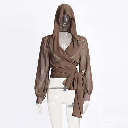 Mesh See-through Hooded Top