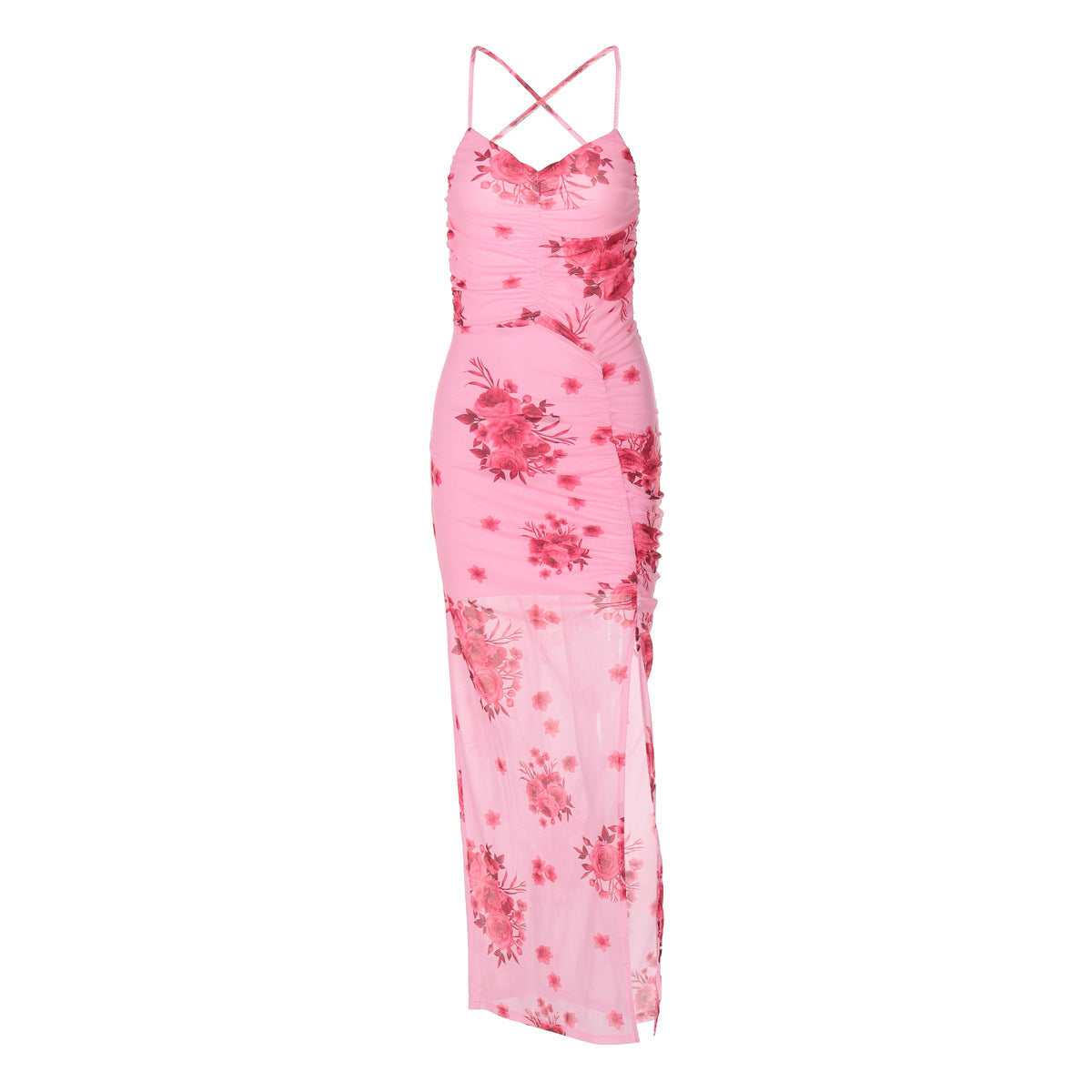 Mesh Side Slit Flower Dress