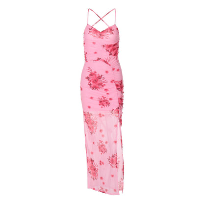 Mesh Side Slit Flower Dress