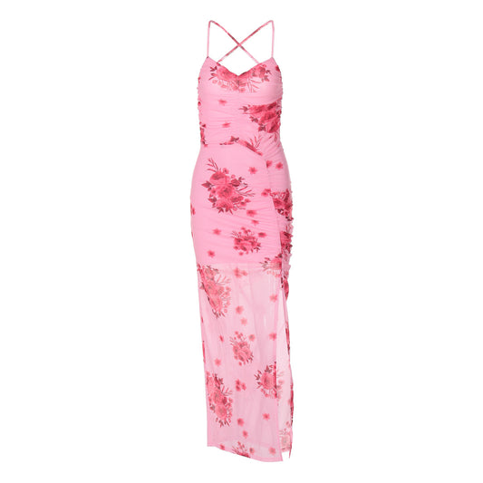 Mesh Side Slit Flower Dress