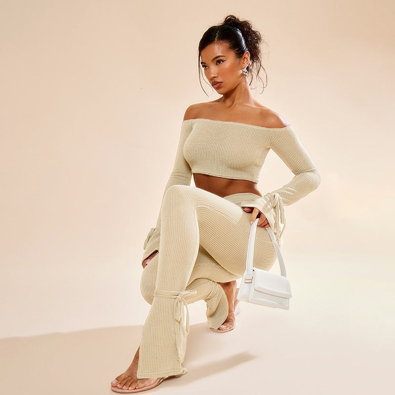 Off-the-shoulder Crop Lace Up Pant Set