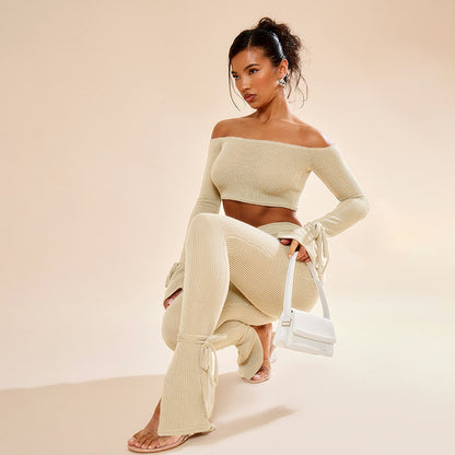 Off-the-shoulder Crop Lace Up Pant Set