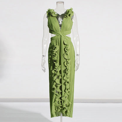 Ruffled Pleated High Slit Dress