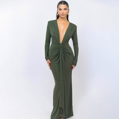 Deep V-neck Ribbon Fitting Dress
