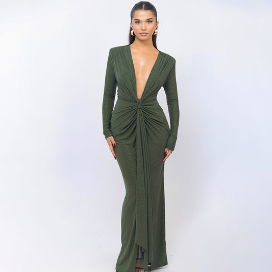 Deep V-neck Ribbon Fitting Dress