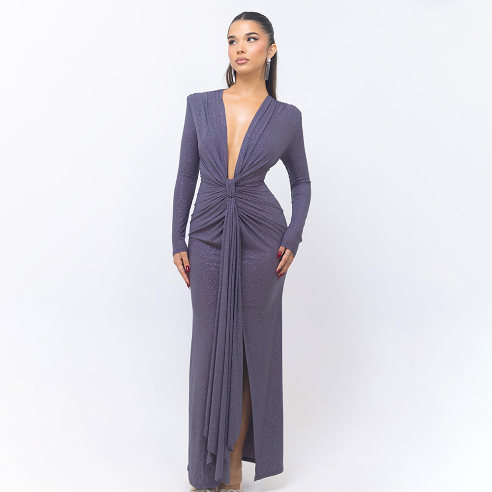 Deep V-neck Ribbon Fitting Dress