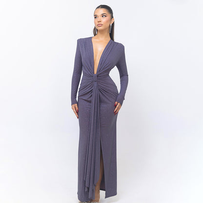 Deep V-neck Ribbon Fitting Dress