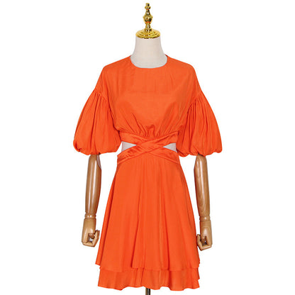 Puff Sleeves Waist Tie Solid Dress