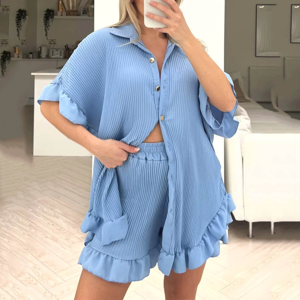 Pleated Loose Casual Shorts Set